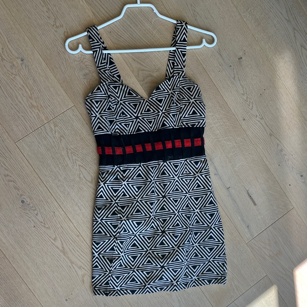 Geometric Black and White bodycon Dress with Red Accents